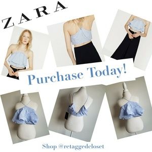 Zara Blue and White Striped Tiered Ruffled Crop To